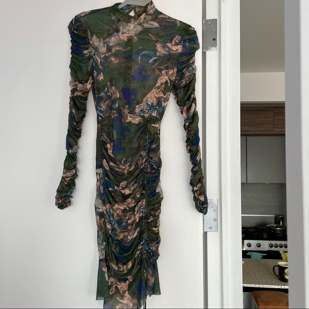 Angelic Moments Ruched Mini Dress - Green/combo shear dress but with good cover